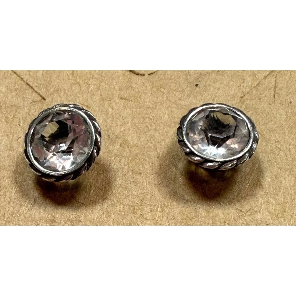 Brighton Iris Round Faceted‎ Clear Stone Stud Earrings Rope Border Heart Cutout